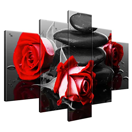 Estika® Leinwand bilder - Rote Rosen auf Spa-Steinen - 150x105 cm, 5 teilige kunstdruck - Wandbilder wohnzimmer, schlafzimmer, Moderne wanddeko, Bild auf leinwand - Blumen bilder - 1400A_5H von Estika