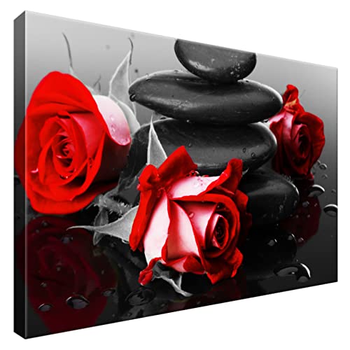 Estika® Leinwand bilder - Rote Rosen auf Spa-Steinen - 60x40 cm, 1 teilige kunstdruck - Wandbilder wohnzimmer, schlafzimmer, Moderne wanddeko, Bild auf leinwand - Blumen bilder - 1400A_1E von Estika