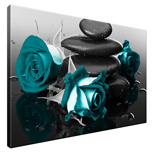 Estika® Leinwand bilder - Türkis Rosen auf Spa-Steinen - 90x60 cm, 1 teilige kunstdruck - Wandbilder wohnzimmer, schlafzimmer, Moderne wanddeko, Bild auf leinwand - Blumen bilder - 2553A_1L von Estika