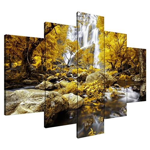 Estika® Leinwand bilder - Wasserfall im Wald Gelb - 150x105 cm, 5 teilige kunstdruck - Wandbilder wohnzimmer, schlafzimmer, Moderne wanddeko, Bild auf leinwand - Abstrakt blumen bilder - 2483A_5H von Estika