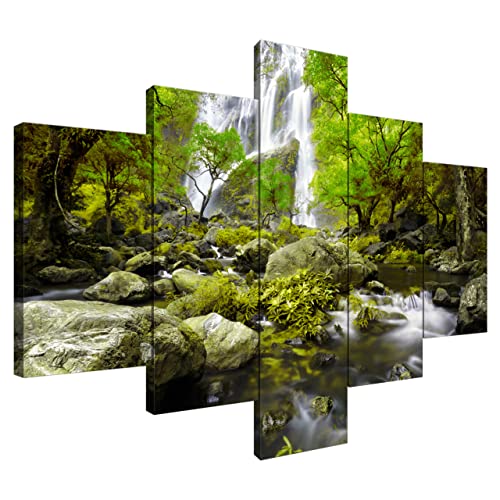 Estika® Leinwand bilder - Wasserfall im Wald Grün - 100x70 cm, 5 teilige kunstdruck - Wandbilder wohnzimmer, schlafzimmer, Moderne wanddeko, Bild auf leinwand - Abstrakt blumen bilder - 2484A_5A von Estika