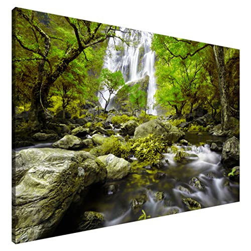 Estika® Leinwand bilder - Wasserfall im Wald Grün - 120x80 cm, 1 teilige kunstdruck - Wandbilder wohnzimmer, schlafzimmer, Moderne wanddeko, Bild auf leinwand - Abstrakt blumen bilder - 2484A_1B von Estika