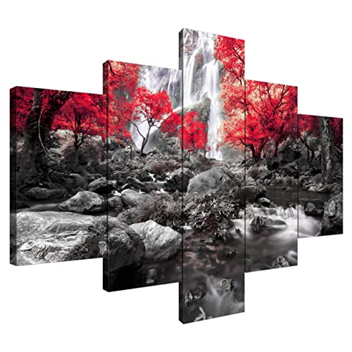 Estika® Leinwand bilder - Wasserfall im Wald Rot - 100x70 cm, 5 teilige kunstdruck - Wandbilder wohnzimmer, schlafzimmer, Moderne wanddeko, Bild auf leinwand - Abstrakt blumen bilder - 2485A_5A von Estika