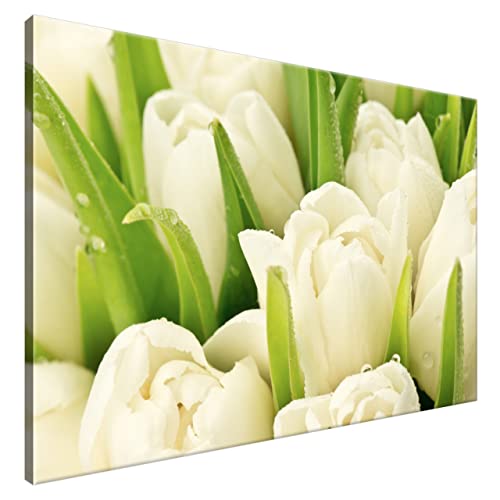 Estika® Leinwand bilder - Weiße Tulpen - 120x80 cm, 1 teilige kunstdruck - Wandbilder wohnzimmer, schlafzimmer, Moderne wanddeko, Bild auf leinwand - Blumen bilder - 1254A_1B von Estika