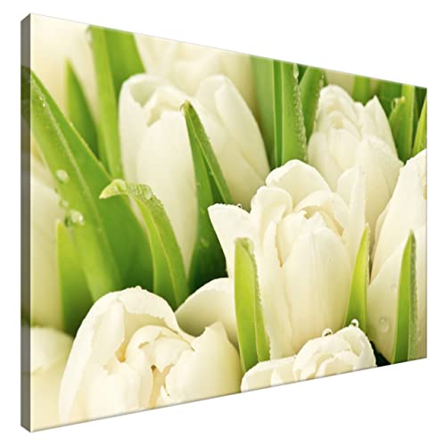 Estika® Leinwand bilder - Weiße Tulpen - 90x60 cm, 1 teilige kunstdruck - Wandbilder wohnzimmer, schlafzimmer, Moderne wanddeko, Bild auf leinwand - Blumen bilder - 1254A_1L von Estika