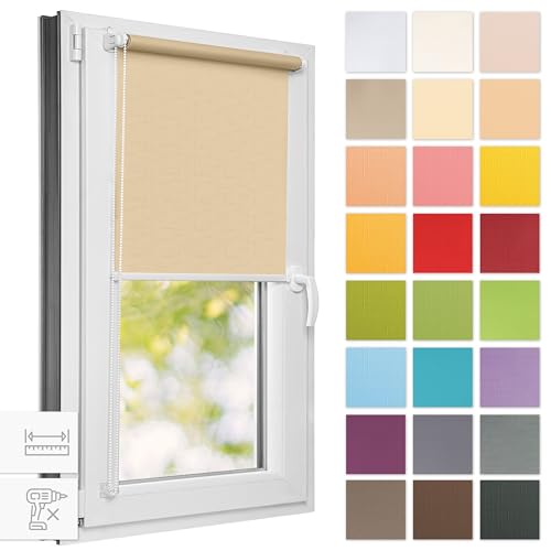 Estika® Rollo für Fenster ohne Bohren - 110cm x 120cm - Cremig - 25 Stoff Farben, Klemmfix Montage, Fenster rollos für innen, Sichtschutz für Fenster und balkontür (110 cm Stoffbreite) von Estika