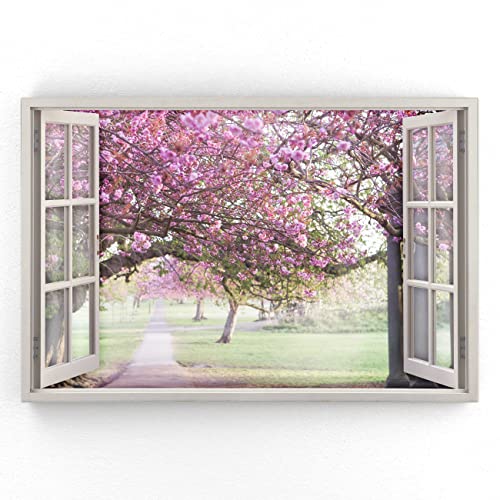 Estika - Leinwand Bilder Fensterblick - Blumen, Wald, Baum - 120x80 cm - 1 teilige Wandbilder, Bild auf Leinwand, Modern Deko für wohnzimmer schlafzimmer - Natur Landschafts bilder - 5986A_1B von Estika