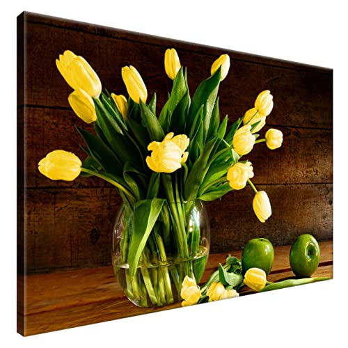 Estika® Leinwand bilder - Gelbe Tulpen in Glasvase - 90x60 cm, 1 teilige kunstdruck - Wandbilder wohnzimmer, schlafzimmer, Moderne wanddeko, Bild auf leinwand - Blumen bilder - 2154A_1L von Estika