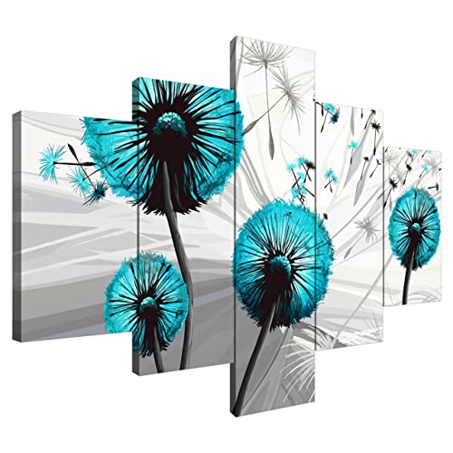 Estika® Leinwand bilder - Pusteblume Türkis - 100x70 cm, 5 teilige kunstdruck - Wandbilder wohnzimmer, schlafzimmer, Moderne wanddeko, Bild auf leinwand - Abstrakt blumen bilder - 5031A_5A von Estika