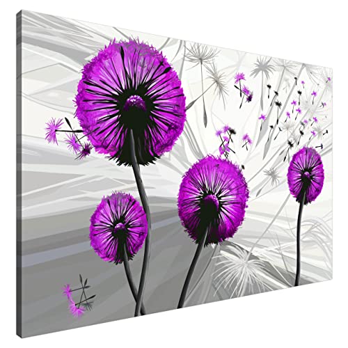 Estika® Leinwand bilder - Pusteblume Violett - 120x80 cm, 1 teilige kunstdruck - Wandbilder wohnzimmer, schlafzimmer, Moderne wanddeko, Bild auf leinwand - Abstrakt blumen bilder - 5122A_1B von Estika