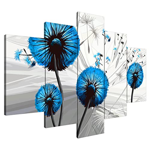 Estika® Leinwand bilder - Pusteblume Blau - 150x105 cm, 5 teilige kunstdruck - Wandbilder wohnzimmer, schlafzimmer, Moderne wanddeko, Bild auf leinwand - Abstrakt blumen bilder - 5055A_5H von Estika