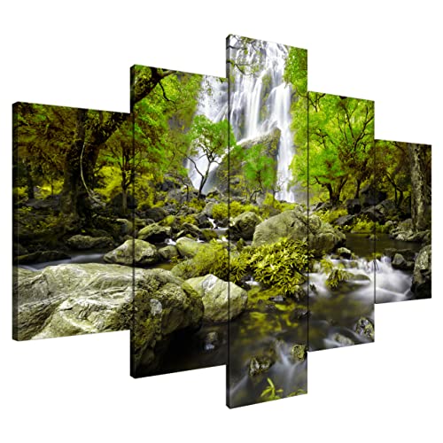 Estika® Leinwand bilder - Wasserfall im Wald Grün - 150x105 cm, 5 teilige kunstdruck - Wandbilder wohnzimmer, schlafzimmer, Moderne wanddeko, Bild auf leinwand - Abstrakt blumen bilder - 2484A_5H von Estika