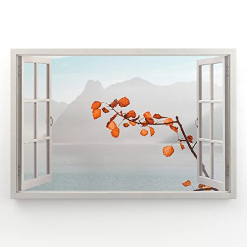 Estika - Leinwand Bilder Fensterblick - Berge, See, Baum - 90x60 cm - 1 teilige Wandbilder, Bild auf Leinwand, Modern Deko für wohnzimmer schlafzimmer - Natur Landschafts bilder - 6006A_1L von Estika