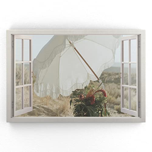 Estika - Leinwand Bilder Fensterblick - Blumen, Regenschirm, Strand - 120x80 cm - 1 teilige Wandbilder, Bild auf Leinwand, Modern Deko für wohnzimmer schlafzimmer - Natur Landschafts bilder - 5992A_1B von Estika