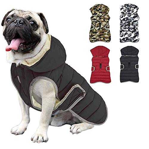 Etechydra Hundemantel, Weste, warm, mit abnehmbarem Hut, bequem, Winter, wasserdicht, Hundekleidung, warm, Fleecefutter, Wintermantel, Schwarz, Grau, L. von Etechydra