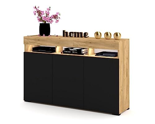 Euro Style Große Kommode mit 3 Türen+Led Schrank Sideboard Tv Schrank Wohnzimmer/Schlafzimmer 135x90x40 cm, Weiß Matt/Weiß Hochglanz/Schwarz/Golden Eiche/Sonoma Eiche (Golden Eiche- Schwarz Matt) von Euro Style