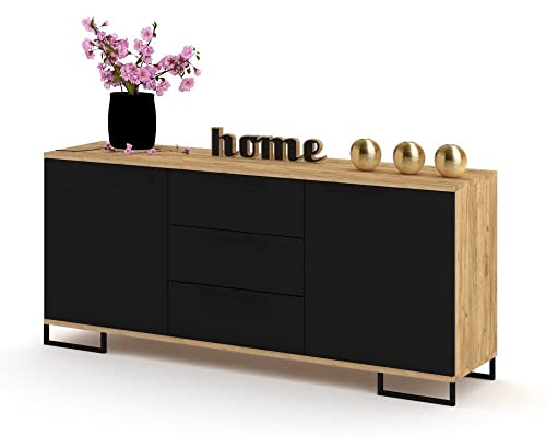 Euro Style Kommode mit Schubladen und 2 Türen Schrank Sideboard Tv Schrank für Wohnzimmer/Schlafzimmer Schubladenkommode 150x68,5x40 cm, Golden Eiche/Schwarz Matt von Euro Style