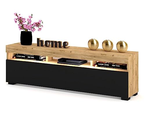 Euro Style TV-Schrank mit LED Stand Tv-Lowboard für Wohnzimmer Schlafzimmer Fernsehschrank Fernsehtisch Sideboard HiFi-Schrank Kommode 60 Zoll, Golden Eiche/Schwarz, 140cm von Euro Style