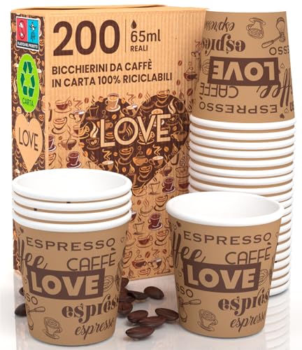 Eurocali 200 Espresso Pappbecher 65ml Biologisch Abbaubare Kaffee Einwegbecher - Ökologisches Design LoveBrownCUP - Kleine Größe für italienischen Espresso für Heißen Getränken von Eurocali