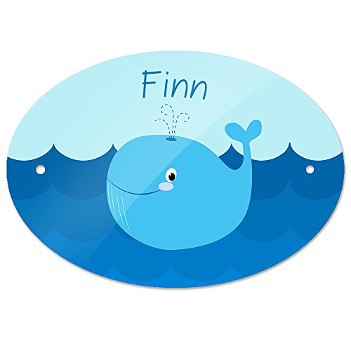 Eurofoto Türschild mit Namen Finn und Motiv mit Blau-Wal für Jungen | Kinderzimmer-Schild von Eurofoto