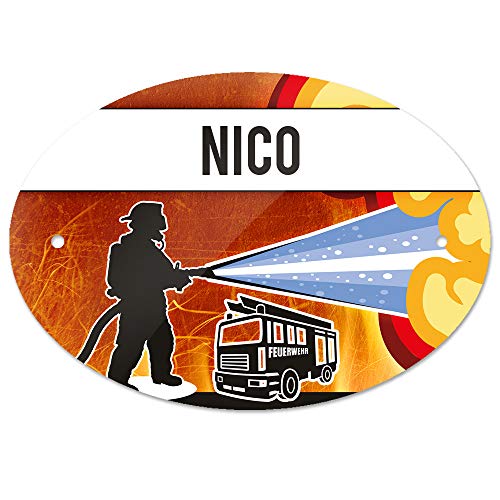 Eurofoto Türschild mit Namen Nico und Feuerwehr-Motiv | Kinderzimmer-Schild von Eurofoto