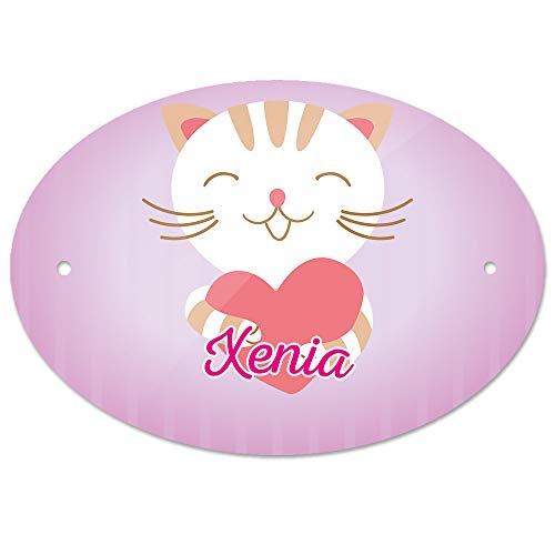 Eurofoto Türschild mit Namen Xenia und Motiv Katze mit Herz | Kinderzimmer-Schild von Eurofoto