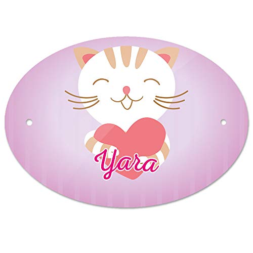 Eurofoto Türschild mit Namen Yara und Motiv Katze mit Herz | Kinderzimmer-Schild von Eurofoto