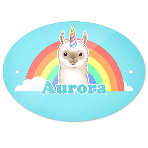 Türschild mit Namen Aurora und Llama-Einhorn-Motiv | Kinderzimmer-Schild von Eurofoto