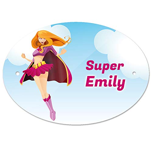 Türschild mit Namen Emily und Motiv mit Superheldin für Mädchen | Kinderzimmer-Schild von Eurofoto