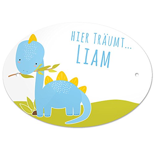 Türschild mit Namen - Hier träumt Liam - und Dinosaurier-Motiv für Jungen | Kinderzimmer-Schild von Eurofoto