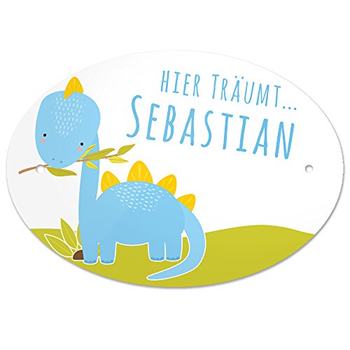 Türschild mit Namen - Hier träumt Sebastian - und Dinosaurier-Motiv für Jungen | Kinderzimmer-Schild von Eurofoto