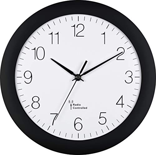 Eurotime Funkwanduhr, 30 cm, Kunststoffgehäuse, gewölbtes Echtglas, automatische Zeitein- und Zeitumstellung von Sommer- und Winterzeit, Wanduhr für Küche und Wohnbereich, schwarz, 52800-05 von Eurotime