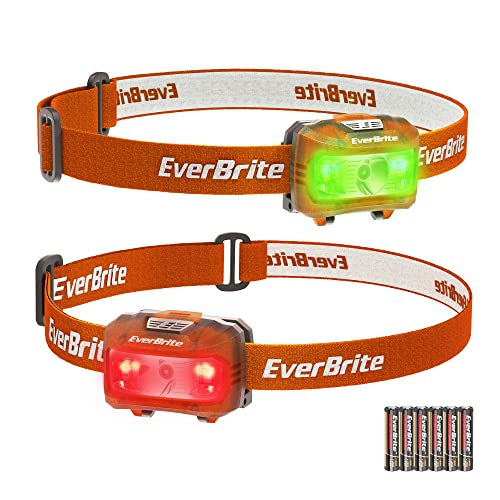 EverBrite LED Stirnlampe 2 Stück orange mit Rotlicht & Grünlicht, Kinder Kopflampe mit 5 Lichtmodi, Weihnachtsgeschenke Mitgebsel für Kinder zum Camping, Outdoor, Weihnacht [mit 6 AAA Batterien] von EverBrite