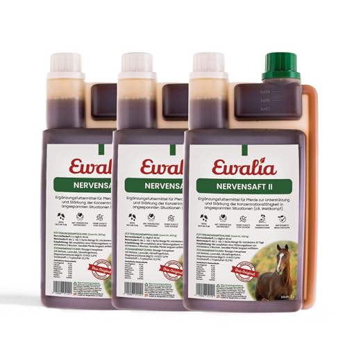 NEU! EWALIA Nervensaft II - Gezielte Unterstützung für konzentrierte Leistung bei Pferden - Ideal für Wettkämpfe und Training, mit Tierärzten entwickelt, 100% Natur pur, frei von Zusätzen, 3x1 Liter von Ewalia