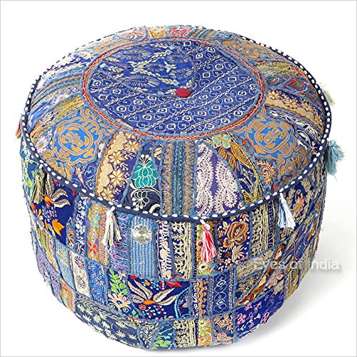 22 X 12 Blue Patchwork Round Pouf Pouffe Ottoman Cover Floor Seating Bohemian Accent Boho Chic Indian Handmade von Eyes of India