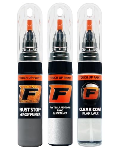 FIRANTO Lackstift Autolack Reparaturset für Tesla Motors PN00 Quicksilver - 3-in-1 Autolack Kratzer Reparaturstift 15ml Grundierung, Klarlack von F FIRANTO