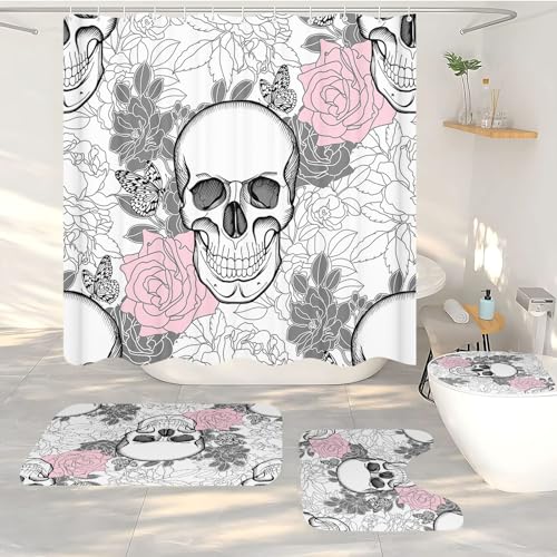 FABTOP Schwarzer Totenkopf Duschvorhang 180x180cm, Skull Badezimmer Duschvorhang, Blumen Rose Skelett Halloween Duschvorhänge Blumen Totenköpfe Duschvorhang (8,200 x 200 cm) von FABTOP