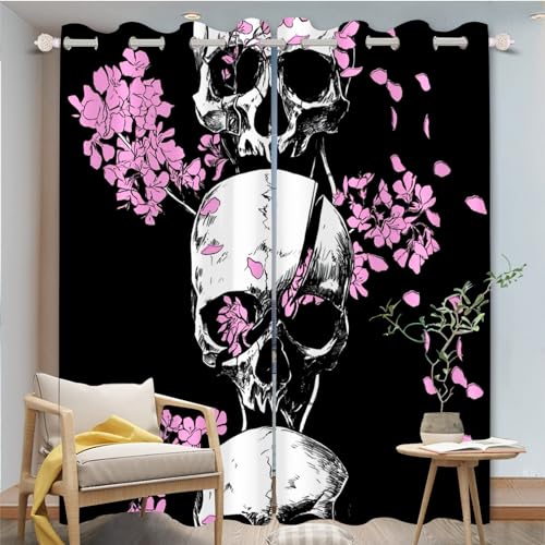 FABTOP Totenkopf Verdunkelungsvorhänge 3D Totenkopf Muster Ösen Vorhang 2Er Set Schädel Rosen Gothic Vorhänge Blickdicht Totenkopf Blumen Gardinen Für Schlafzimmer (2,220×215BxH (110×215cm×2)) von FABTOP