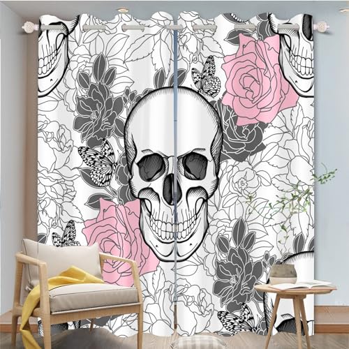 FABTOP Totenkopf Verdunkelungsvorhänge 3D Totenkopf Muster Ösen Vorhang 2Er Set Schädel Rosen Gothic Vorhänge Blickdicht Totenkopf Blumen Gardinen Für Schlafzimmer (4,183×160BxH (91.5×160cm×2)) von FABTOP