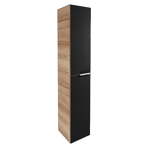 FACKELMANN B.Brillant Hochschrank hängend – Hängender Badezimmerschrank mit Front aus lackiertem Glas – Viel Stauraum & Soft-Close – Badschrank in Anthrazit & Eiche (30 x 162 x 32 cm) von FACKELMANN