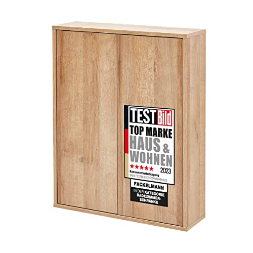 FACKELMANN Finn Hängeschrank (60 x 75 x 20,5 cm) – Wandschrank hängend mit 2 Einlegeböden aus Glas – Badschrank mit Türen aus Holz in Eichenoptik von FACKELMANN