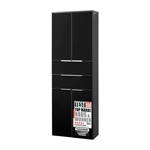 FACKELMANN Doppel-Hochschrank KARA / Badschrank mit Soft-Close-System / Maße (B x H x T): ca. 61 x 176 x 32 cm / hochwertiger Schrank fürs Bad / Möbelstück mit Schubladen und Türen / Korpus: Anthrazit / Front: lackiertes Glas in Anthrazit von FACKELMANN