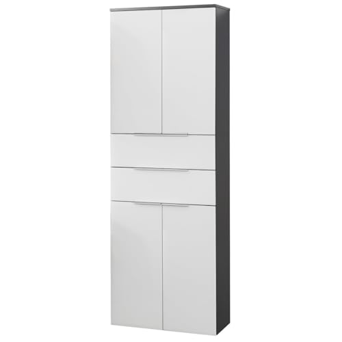 FACKELMANN Doppel-Hochschrank KARA / Badschrank mit Soft-Close-System / Maße (B x H x T): ca. 61 x 176 x 32 cm / hochwertiger Schrank fürs Bad / Möbelstück mit Schubladen und Türen / Korpus: Anthrazit / Front: lackiertes Glas in Weiß von FACKELMANN