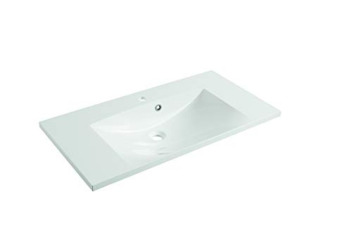 FACKELMANN Gussbecken/Waschtisch aus Gussmarmor/Maße (B x H x T): ca. 90 x 14 x 46 cm/Aufsatzwaschbecken/hochwertiges Waschbecken fürs Badezimmer und WC/Farbe: Weiß von FACKELMANN