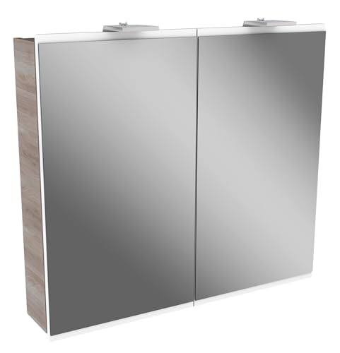 FACKELMANN LED Spiegelschrank Lima/Badschrank mit Soft-Close-System/Maße (B x H x T): ca. 80 x 73 x 15,5 cm/Möbel fürs WC oder Badezimmer/Korpus: Braun/Front: Weiß/Spiegel von FACKELMANN