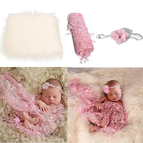 FAMKIT Baby-Foto-Requisiten, flauschige Decke + Wickeltuch + Haarband, Set für Neugeborene, 3 Stück von FAMKIT