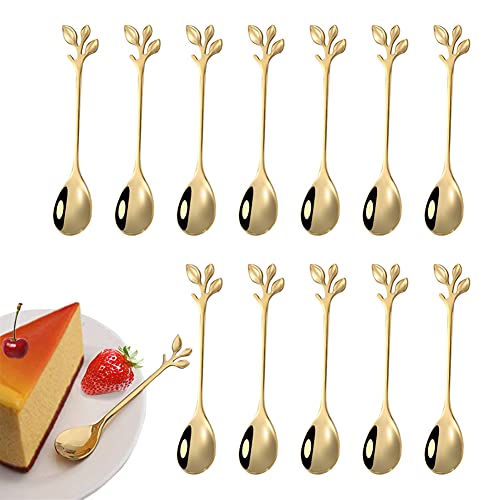 12 Stück Edelstahlblatt Kaffeelöffel, Blattform Grifflöffel Edelstahl Teelöffel, Mini-Kaffeelöffel Zweig Design Dessertlöffel, verwendet für Wasser Tee Milch Kaffee Dessert Getränke Utensilien(Gold) von FANSEZQ