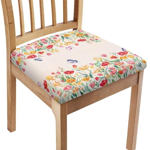 FANSU Esszimmerstuhl Sitzbezüge, Tulpenblumen Muster Stuhlbezug Sitzfläche 1 2 4 6er Set - Stuhl Sitzbezüge/Bezug für Stühle/Stuhlhussen für Stühle, für Küche (Gelbe Blumen,6 Stück) von FANSU