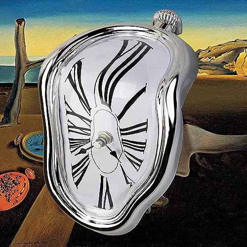 FAREVER Schmelzende Uhr, Salvador Dali Uhr, geschmolzene Uhr für dekoratives Zuhause, Büro, Regal, Schreibtisch, Tisch, lustiges kreatives Geschenk, Silber von FAREVER
