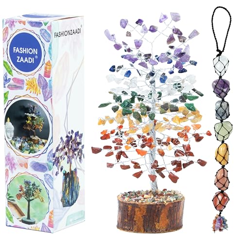 FASHIONZAADI Seven Chakra Edelstein Baum mit Trommelstein Auto hängende Fenster Ornament Reiki Heilkristall Baum Feng Shui handgefertigt Kristalle Haus Dekor Bestes Geschenk-Set (Silberdrahtbaum) von FASHIONZAADI